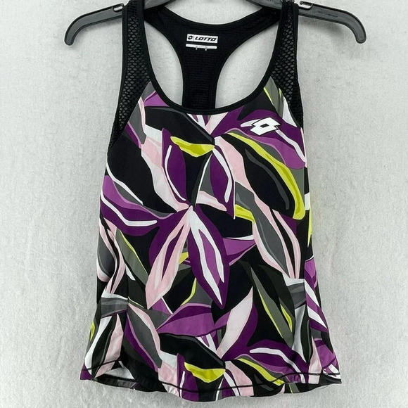Lotto Tank Top Women’s Sz S Purple Black Popflower Print Racerback Athleisure - Picture 2 of 12